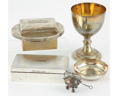Unusual Polish silver cauldron salt, set with semi-precious cabochon cut stones in the Arts and Crafts style, with spoon, mar
