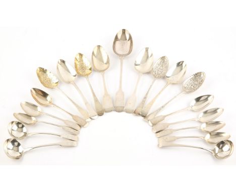 Mixed lot of various Georgian and other spoons to include, a basting spoon by Reid & Sons, Newcastle 1840, pair of berry spoo