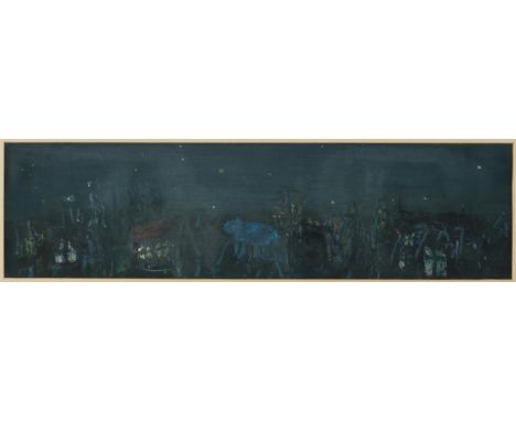 § Eugene Brands (Dutch 1913-2002), 'Village in the Summer Night', mixed media mostly oil, signed, 13 x 49cm, with exhibition 