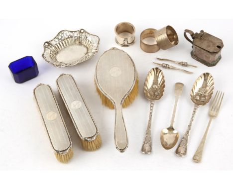 Pair of late George II table spoons by James Tookey, London 1759, later chased and embossed as berry spoons, three pieces bru