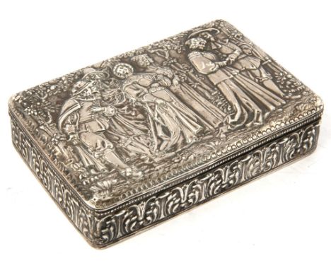 B. Neresheimer & Sohne, Hanau, silver box the hinged cover embossed with medieval figures walking in a wood, import marks for
