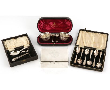 Pair of late Victorian foliate embossed open salts with original spoons, by Josiah Williams & Co, London 1895, in fitted case