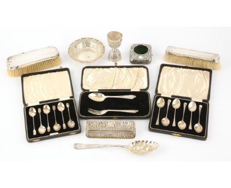 George III berry spoon London 1808, foliate embossed and pierced bon-bon dish, Sheffield 1898, hair pin box, Birmingham 1899,