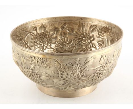 Large Chinese export silver punch bowl embossed with peonies, marked for Luen Wo, Shanghai, and with character marks late 19t