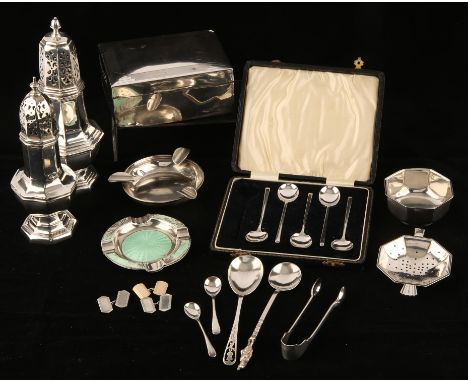 Octagonal sugar sifter, Birmingham 1941, a smaller sugar castor, Sheffield 1939, three ashtrays, tea strainer and stand, (lac