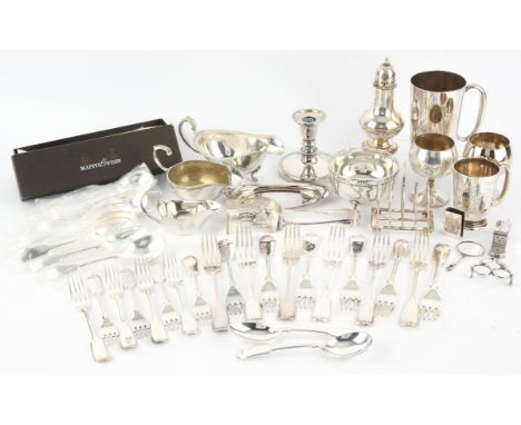 Mixed lot silver plated items to include, pair of mother of pearl knife rests, four piece half reeded tea and coffee service,