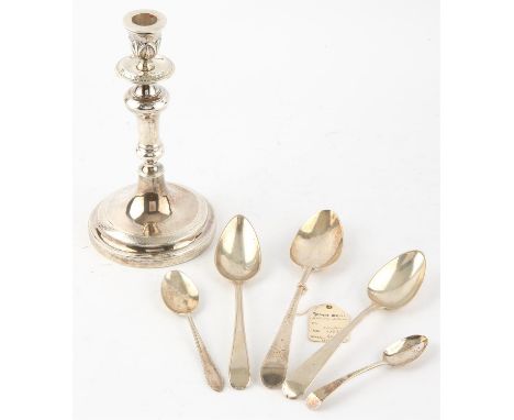 Continental white metal candlestick, marked N8 CM, 21cm ( tests as silver ), two continental silver table spoons, George III 