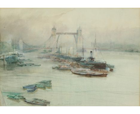Charles James Lauder (British 1841-1920), a view of the pool of London with Tower Bridge beyond, watercolour, signed, 25 x 36