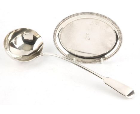 Victorian fiddle pattern soup ladle, by William Eaton, London 1844, oval tea pot stand with gadrooned border, by John Schofie