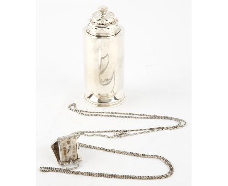 Step top sugar castor by Munsey & Co. London 1937, 6ozt 191gm, and a German silver pendant travelling clock, stamped DRGM ESZ