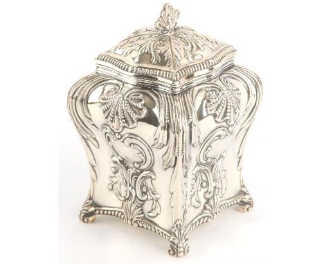 Late Victorian tea caddy with embossed foliate decoration on scroll feet, by Thomas Bradbury & Sons Ltd, London 1896, 9.7ozt 