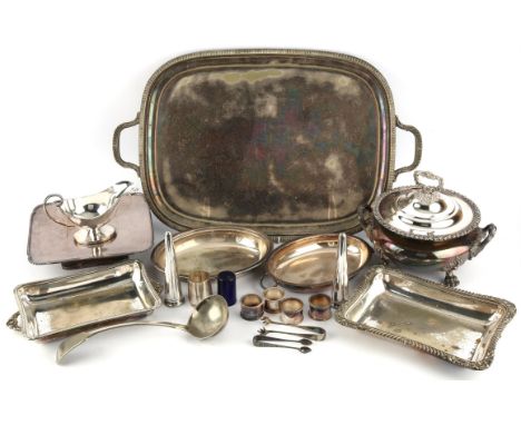 Silver plated items to include, soup tureen, entrée dish with cover, walnut canteen of rat-tail pattern cutlery for six place