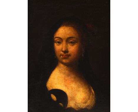 Continental School, 18th Century, Circle of Pietro Longhi, portrait of a female with a red rose in her hair holding a mask, o