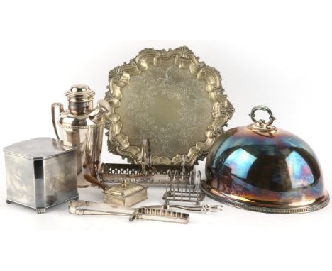 Silver plated cocktail shaker, by Adie Brothers, Asprey's tea caddy, salver, meat cloche, asparagus servers, grape shears, to