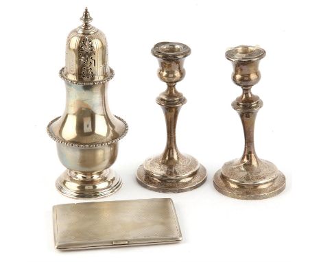 Sugar sifter of baluster form,  by  Atkin Brothers, Sheffield 1911, engine turned cigarette case, Birmingham 1967, ( engraved