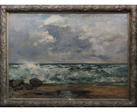 John Finnie (British 1829-1907), waves breaking on a boulder strewn beach, oil on canvas, signed, 91.5 x 127cm.Condition Repo