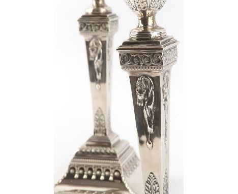 Pair late Victorian Adam style three light candelabra by Horace Woodward & Co Ltd. London 1897. H 44cm, 103ozt 3520gm