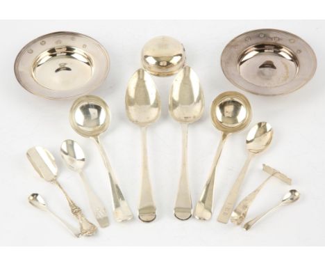 Pair of George III table spoons, by Richard Crossley, London 1806, pair of rattail sauce ladles London 1905, pair of armada d