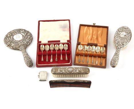 Cased set of demi-tasse spoons, another with one non matching spoon, silver backed hand mirror and hair brush embossed with a