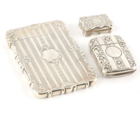 Victorian foliate engraved vinaigrette by  Edward Smith, Birmingham 1857, engine turned card case with foliate corners, by Ed