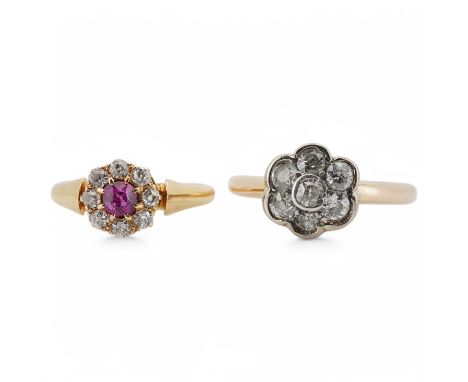 An early 20th century yellow metal(stamped 18), ruby and diamond set circular cluster ring, size K/L, together with a yellow 