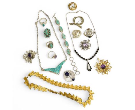 A collection of silver and costume jewellery, mid 20th century, including: a set of turquoise and silver jewels, an amethyst 