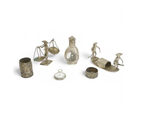 Two Chinese white metal figural groups, including figures on boat, length 15.4cm, together with a small sterling mounted glas