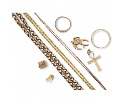 A 9ct gold, circular link chain, 50cm, a 9ct fine box link chain, a 9ct gold wedding band, a 9ct gold signet ring, a 375 rope