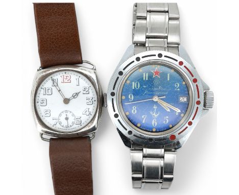 A gentleman's George V silver manual wind wrist watch, with Arabic dial and subsidiary seconds, on a later associated leather