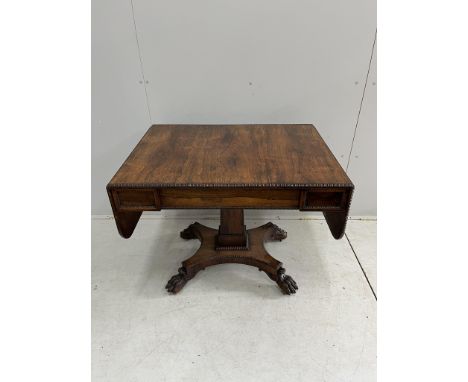 A George IV rosewood sofa table, width 90cm, depth 65cm, height 72cm. Condition - fair to good