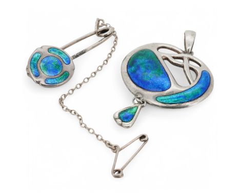 Charles Horner, an Arts and Crafts silver and enamel pendant and pin, early 20th century, the pendant of abstract design, app