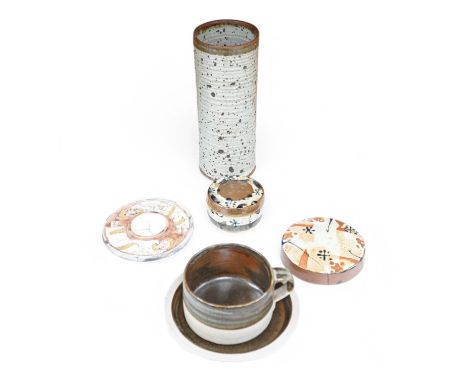 Colin Pearson (1923-2007), a large stoneware cup and saucer, a JG cylindrical vase, Scott Marshall (1936-2008), a Boscean Pot