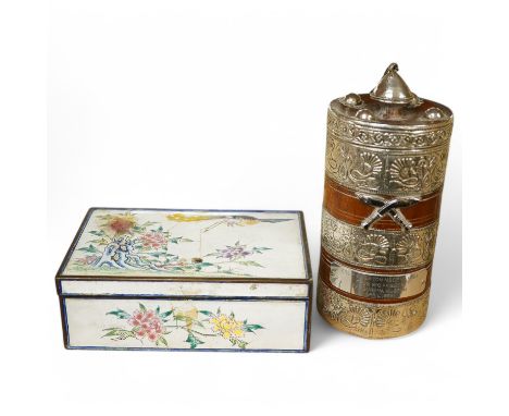 A Chinese Canton enamel box, and a Nepalese Gurkha white metal mounted  trophy, 15cm high. Condition - poor
