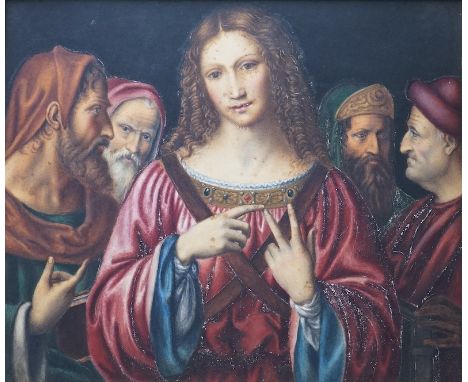 After Leonardo De Vinci, watercolour and mixed media, ‘Christ Among the Doctors’, inscribed in ink verso, 28 x 32cm, gilt fra