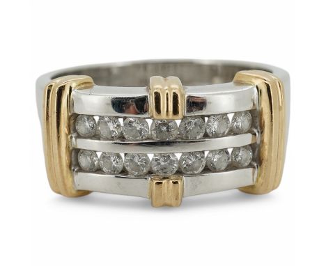 A modern two colour 10kt and two row channel set diamond dress ring, size U/V, gross weight   11.2 grams. Condition - fair to