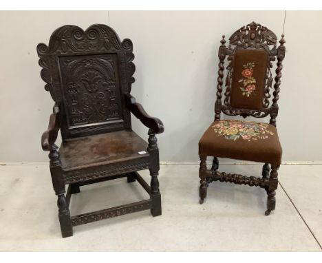 A 17th century style oak wainscot chair, width 61cm, depth 50cm, height 110cm, together with a Victorian carved oak dining ch