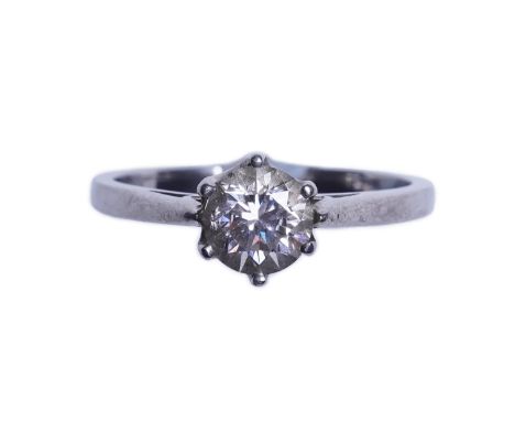 A diamond solitaire ring, claw-set with a brilliant-cut diamond weighing approximately 0.60 carats, mounted in platinum, size