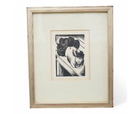 John Nash CBE RA (1893-1977), woodcut, two cats, ‘Tibby &amp; Patch’, 1919, unsigned, New Grafton Gallery exhibition label ve