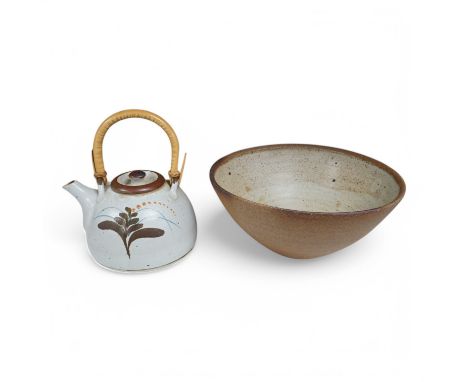 David Leach (1911-2005), a stoneware lidded teapot, with decorated cream glaze and an interior cream glazed stoneware bowl (2