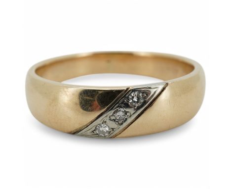A modern 18k and three stone channel set diamond set ring, size W, gross weight 6.2 grams. Condition - fair to good