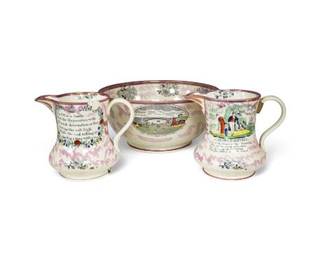 Three pieces of 19th century Sunderland pink lustre pottery including a bowl and two jugs, all decorated with Views of the Ir