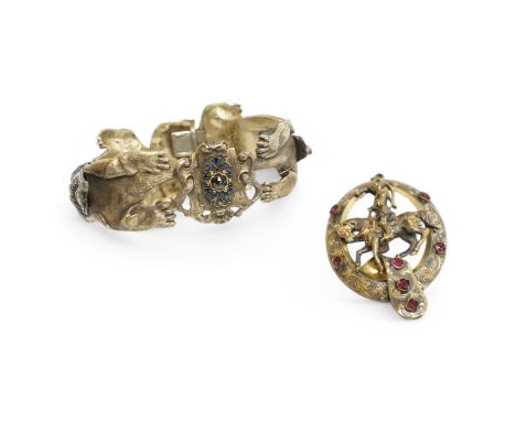 An unusual continental textured white metal, paste and enamel set bracelet, modelled as two lions, with maiden surmounts(repa