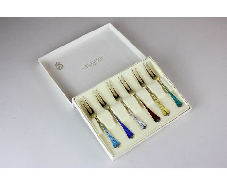 David Andersen, a cased set of six silver gilt and enamel cake forks, each fork with a different colour enamel handle, marked