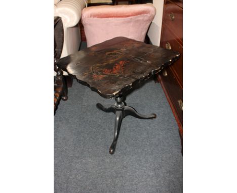 A Chinese black lacquered side table with square shaped top, decorated with a figure in a landscape, on pedestal support and 