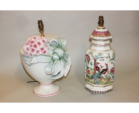 A ceramic table lamp, in the form of a vase and bow, and another chinoiserie decorated ceramic table lamp