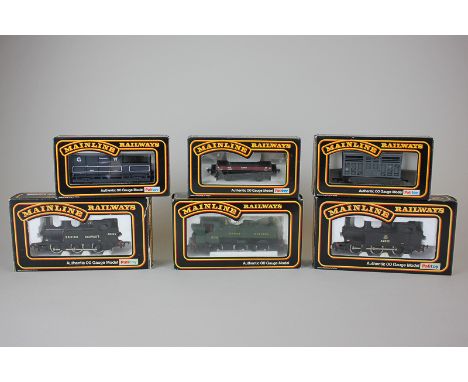 Three Mainline Railways '00' gauge model railway locomotives including G.W.R. Pannier Tank 5764, and two British Railways cla