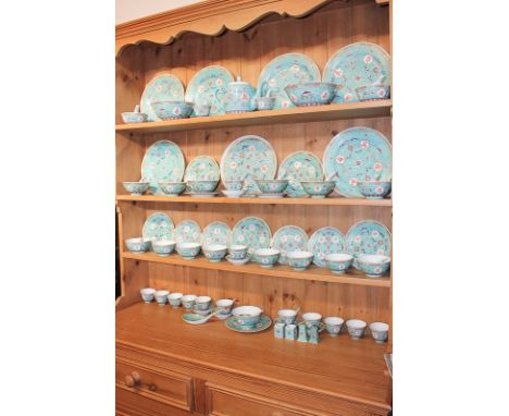 A Chinese turquoise glazed part tea service, including teapot, tea bowls, soup bowls, plates etc.