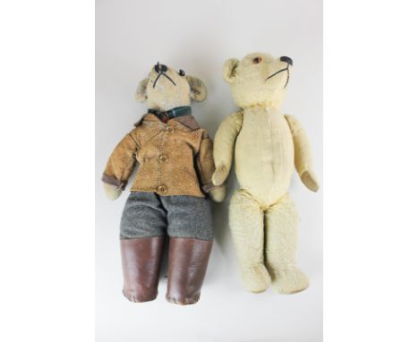 Two teddy bears with long snouts, one with black button eyes, in tartan scarf, leather coat and boots, 40cm