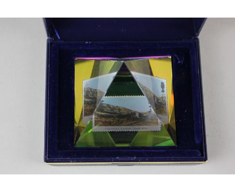 A Royal Mail Crown Optical Glass Pyramid, inset with a postage stamp, boxed