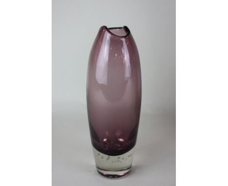 A Riihimaen Lasi Oy amethyst coloured glass vase by Aimo Okkolin, with clear base and bubble inclusions, signed to base, 23cm